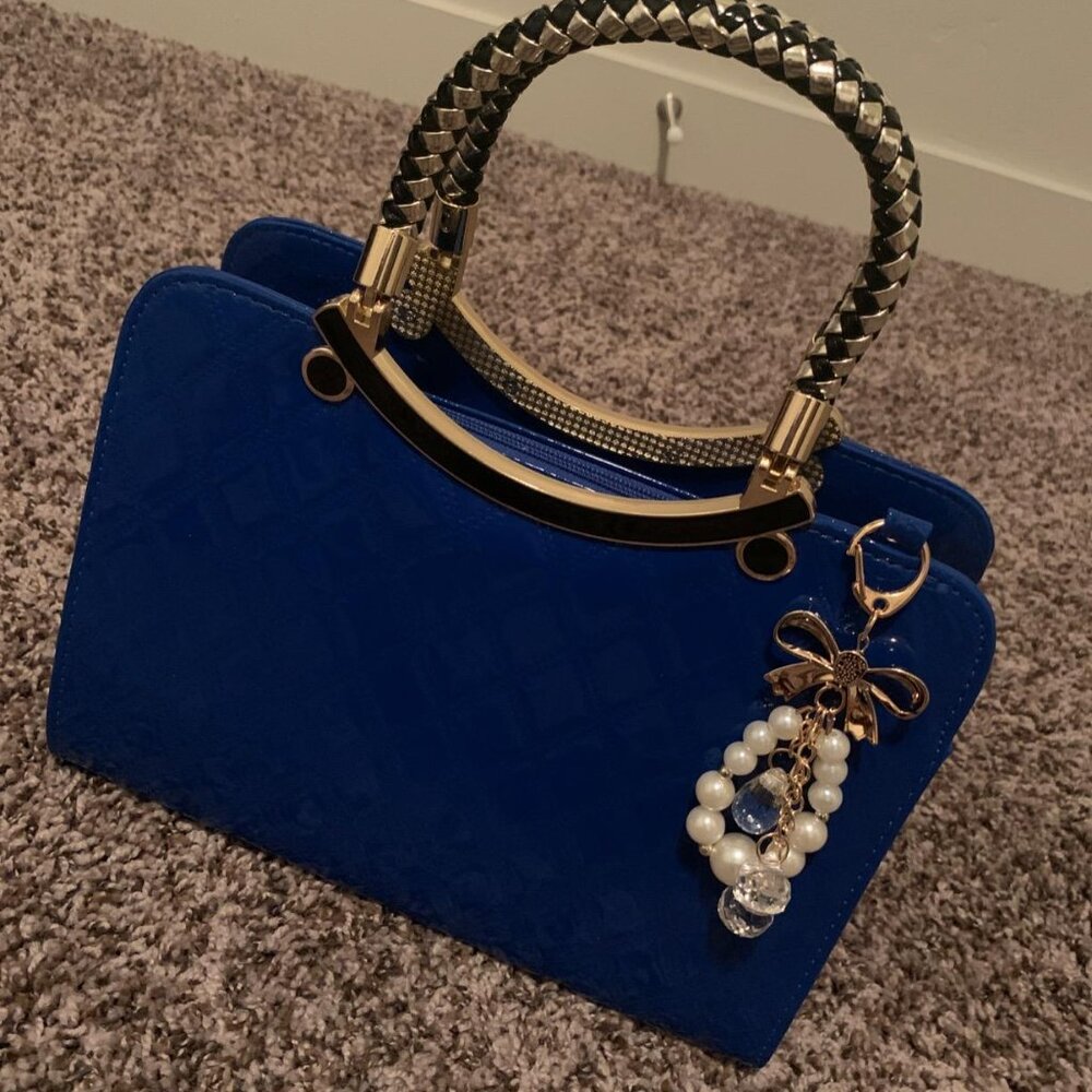 Neiman Marcus Shiny Faux Leather Blue Diamond Pattern Top Handle Purse